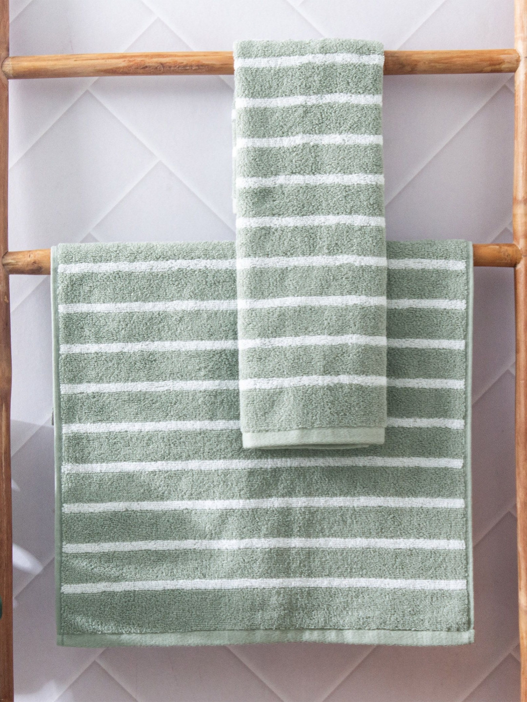 Home Centre Colour Refresh Essense 2Pcs Green & White Striped Cotton Soft Hand Towels