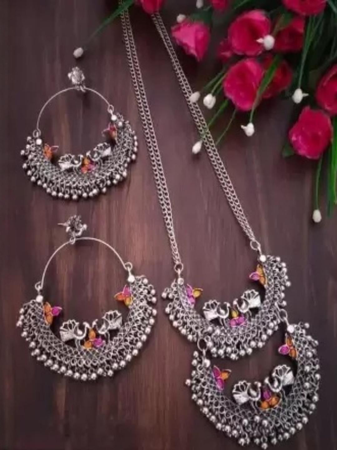 ETASHA Women Silver Ethnic Sterling Silver Oxidised Artificial Beads Jewellery Set