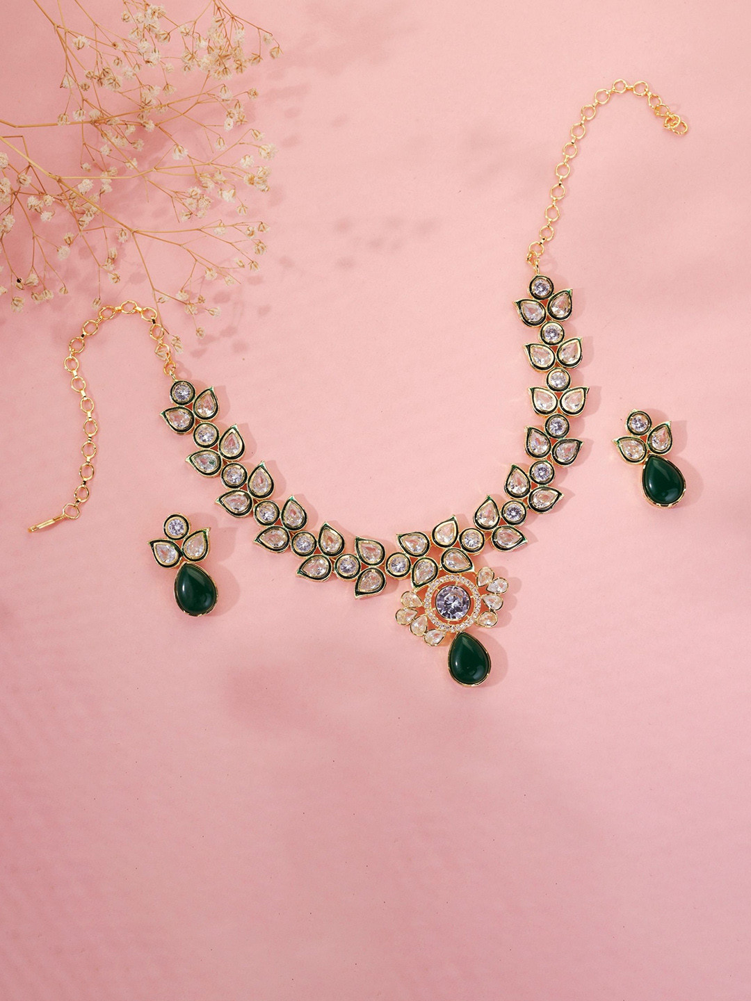 Opal Touch Gold-Plated Emerald & American Diamond Studded Jewellery Set