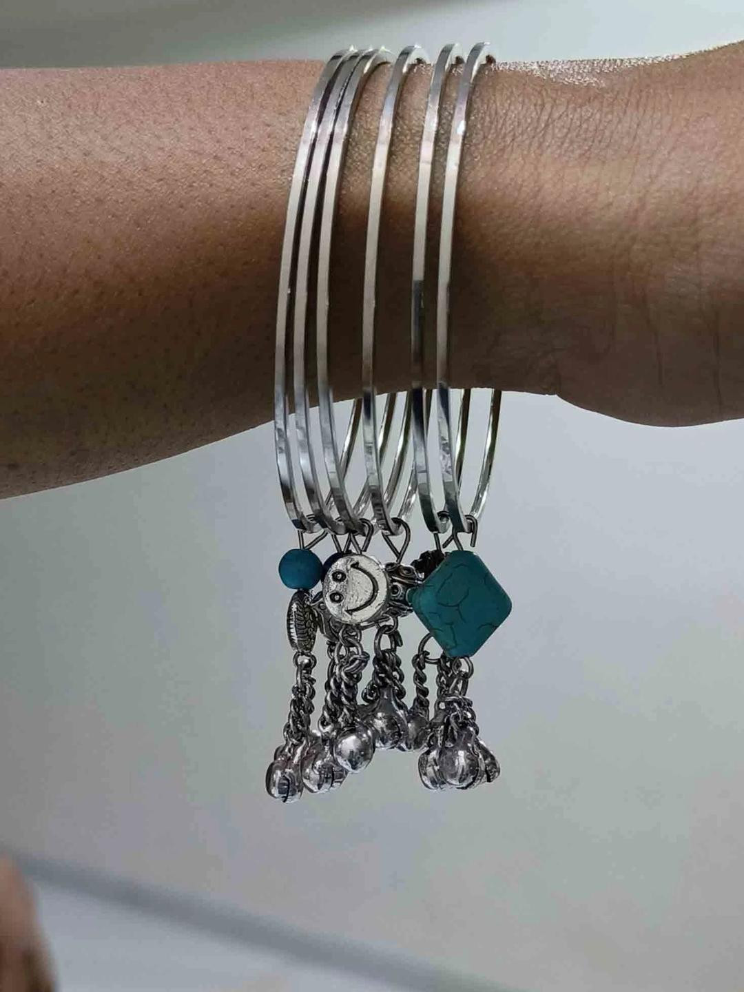 gurjari jewellers 6 Pc Women Silver Plated Charm Bangle