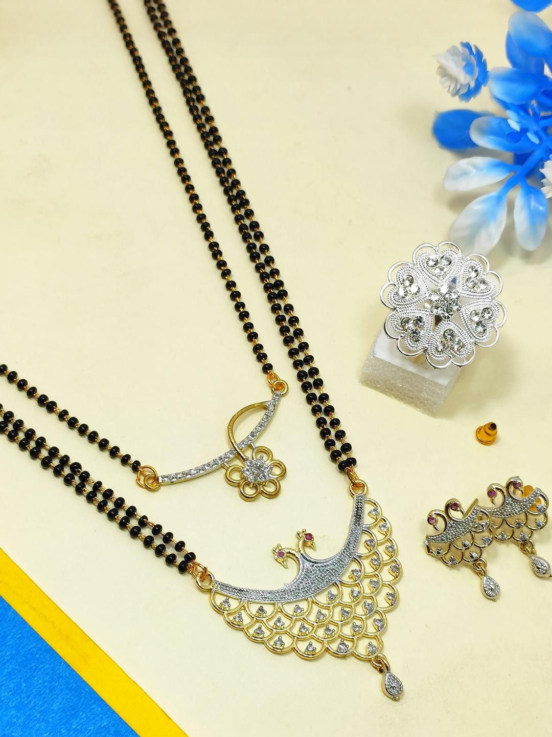 DIVYANSHI COLLECTION Silver Plated Mangalsutr Earrings With Finger Ring (Pack of 4)