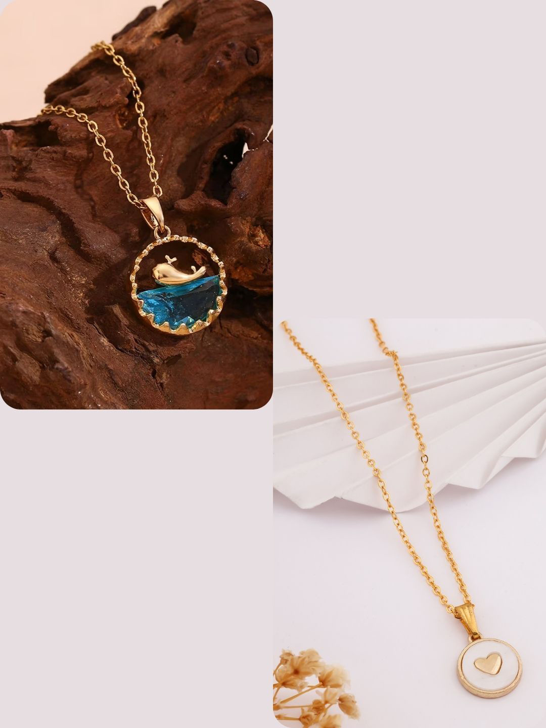 DressBerry Set Of 2 Gold-Plated Dolphin In Ocean & Heart Circle-Charm Pendant With Chain