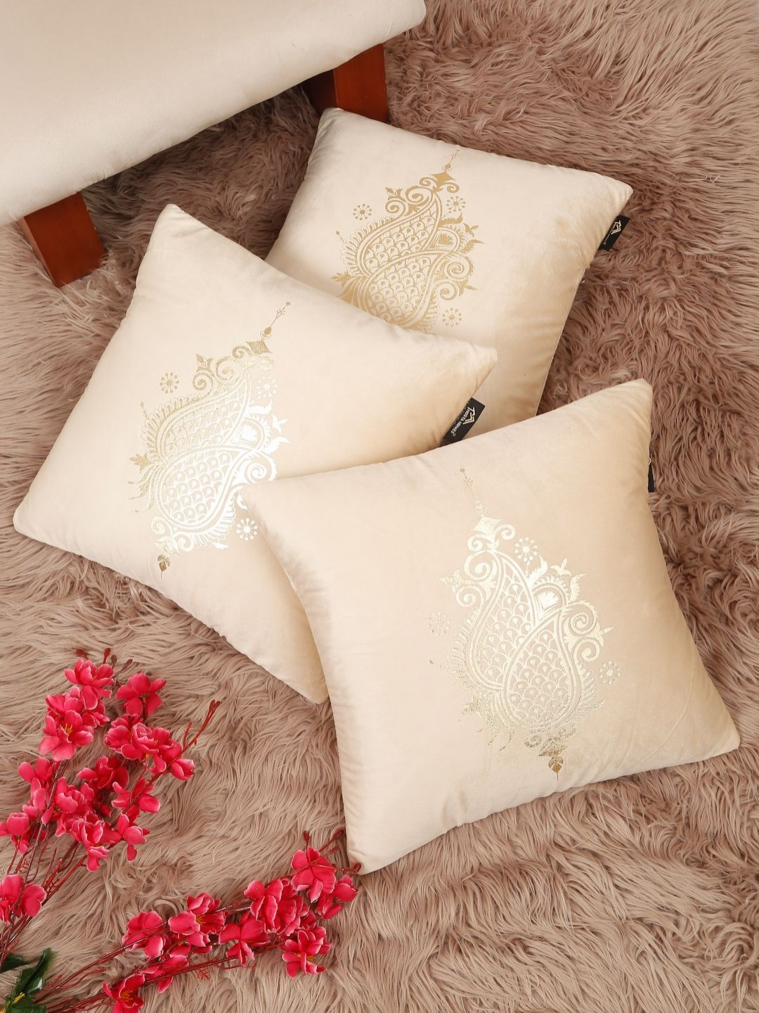 Myntra Elegant Homes Cream & Gold-Toned 3 Pieces Printed Velvet Square Cushion Covers