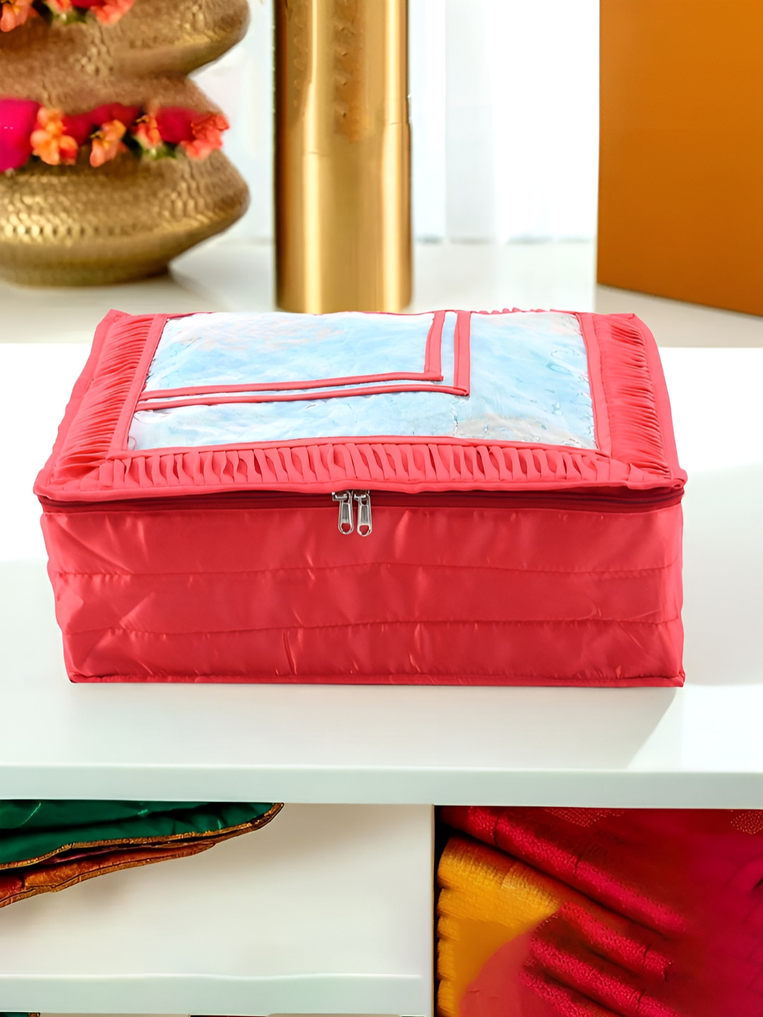 Aura Red & Transparent Frill Top Window Satin Saree Bag Organisers