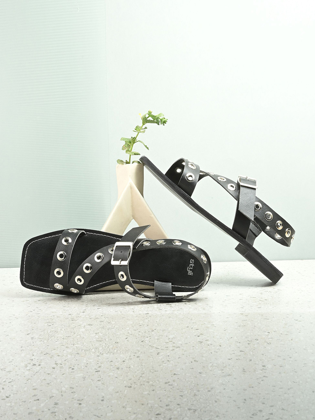 Styli Women Textured Stud Detailed Open Toe Flats