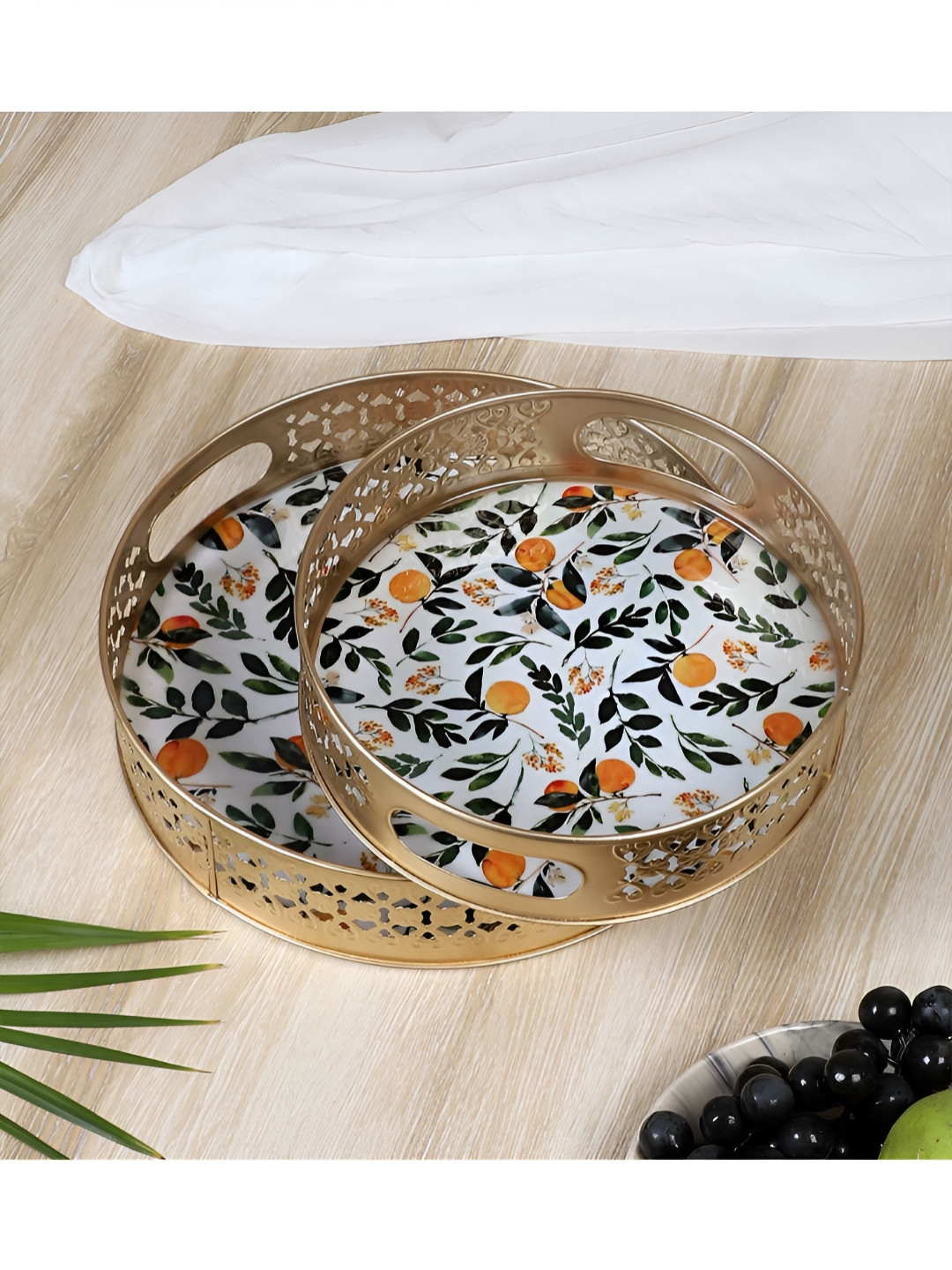 Two Moustaches Beige & White 2 Pieces Leaves & Fruits Pattern Design Serving Trays