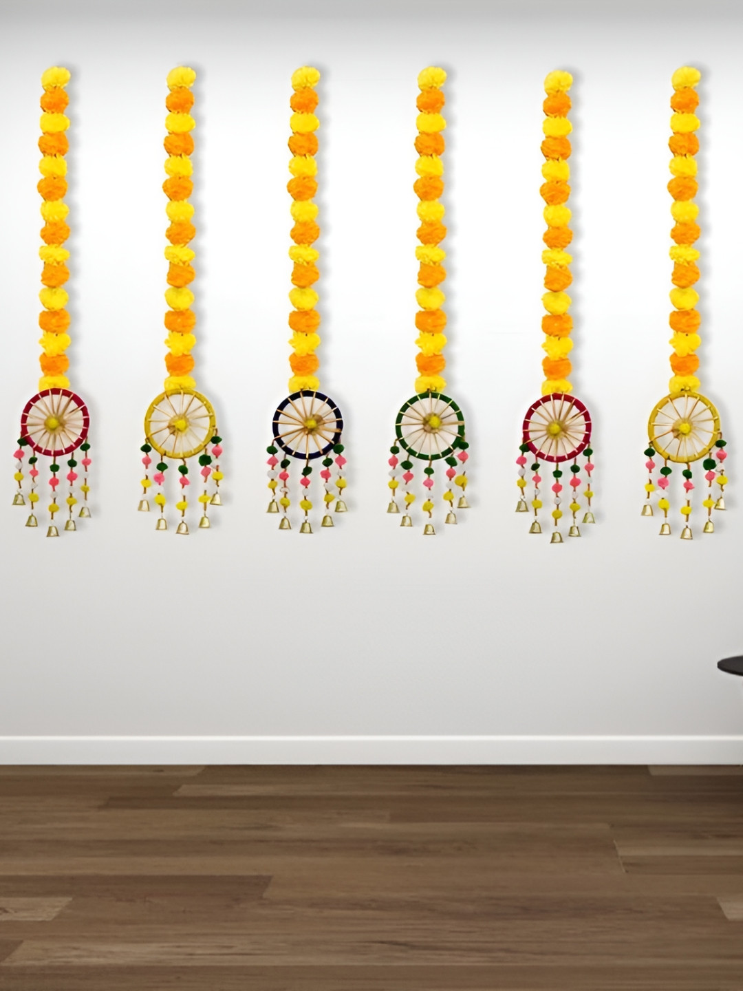 Sellplus 6 Pcs Yellow & Orange Genda With Circle Pompom Bell Hanging