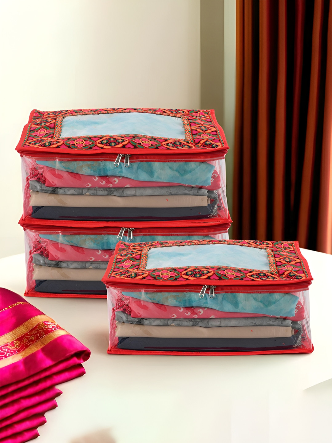 Aura Red & Transparent 3 Pieces Chaudi Lace Printed Reusable Drawer Organisers