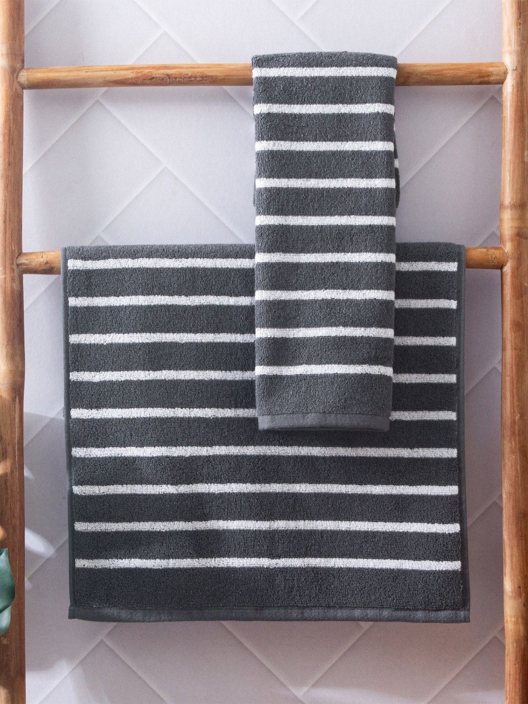 Home Centre Colour Refresh Essense 2Pcs Grey & White Striped Cotton Soft Hand Towels