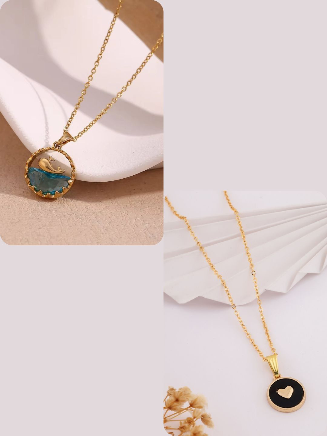 DressBerry Blue Set Of 2 Gold-Plated Artificial Stone Dolphin Ocean Pendant & Chain