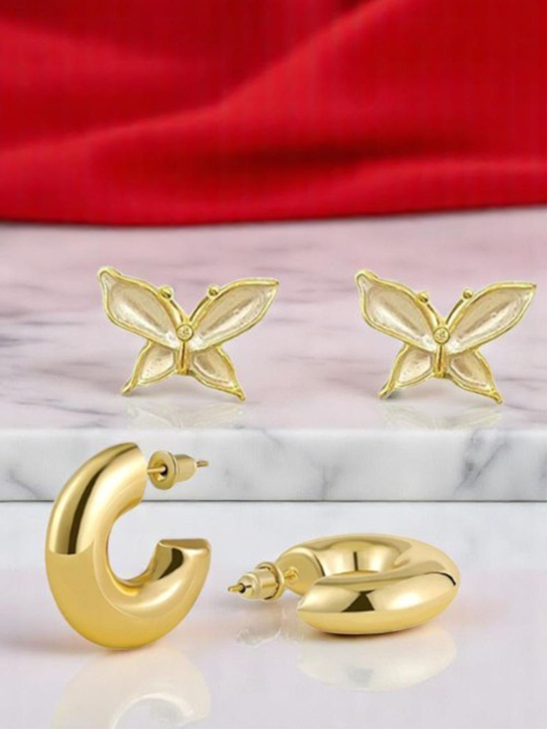 FIMBUL Set of 2 Gold-Plated Butterfly Shaped Studs & Chunky Hoop Earrings