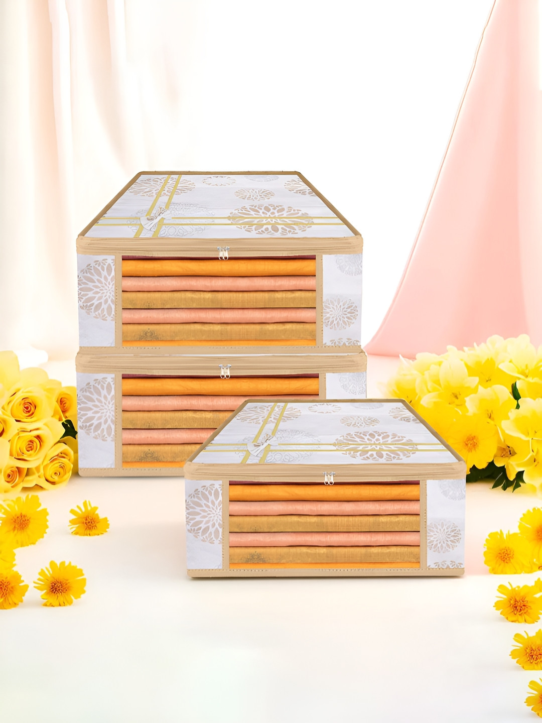 Aura White & Gold-Toned 3 Pieces Bow Gola Printed Reusable Drawer Organisers