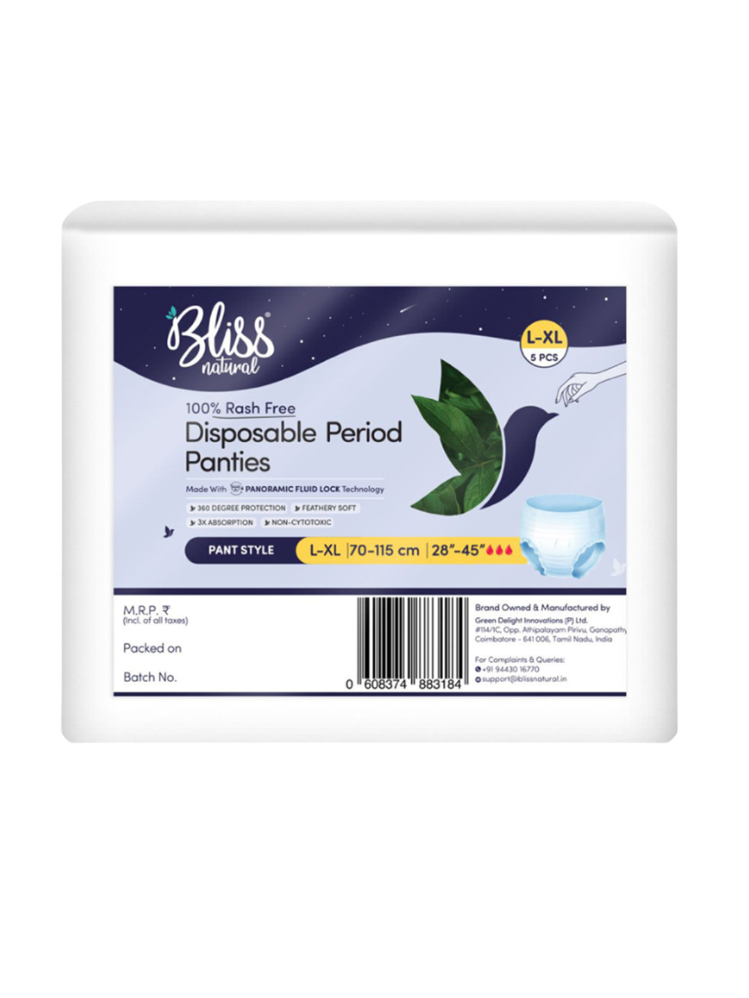 BLISSNATURAL Cotton Disposable Period Panties- L- XL- 5 Pieces