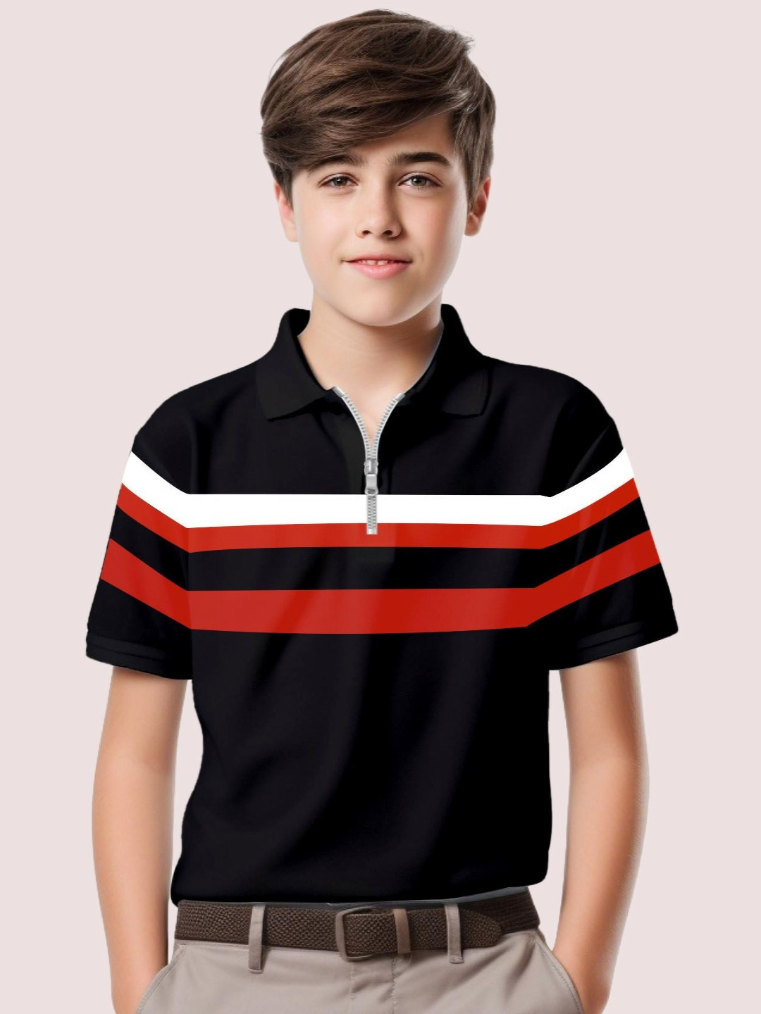 Kiddy Viddy Boys Colourblocked Striped Half Sleeve Zipper Polo Collar T-shirt
