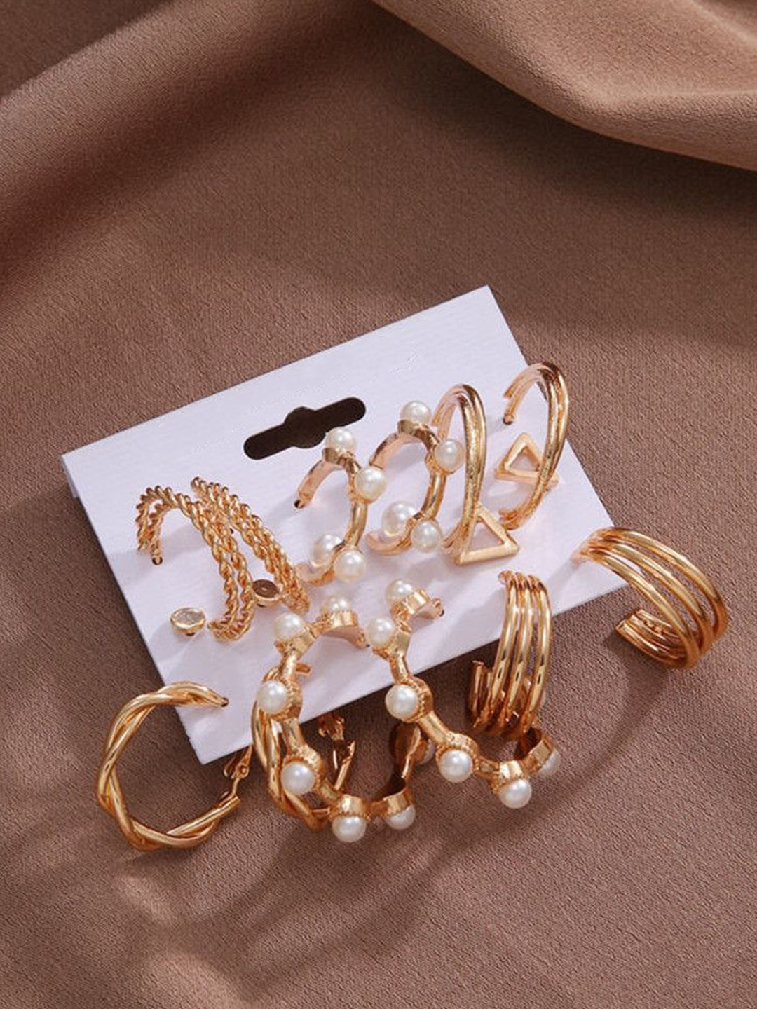 Celestria Pack Of 9 Contemporary Pearls Korean Half Hoop & Stud Earrings
