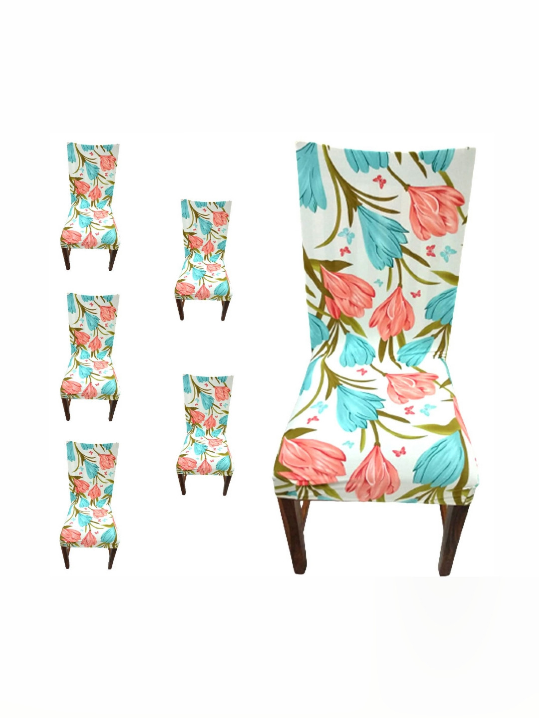 FAVRIA 6-Pcs Beige & Green Printed Stretchable Dining Chair Covers