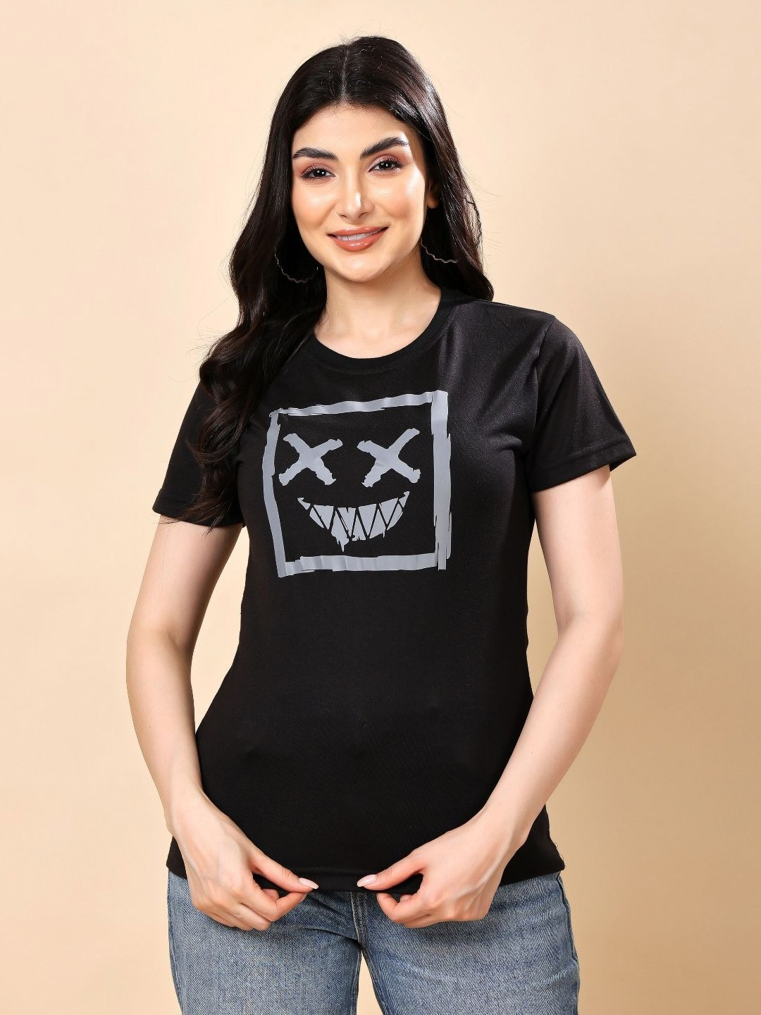 Moda Rapido Women Graphic Reflective Fluorescent Glow In Dark Printed Cotton T-shirt