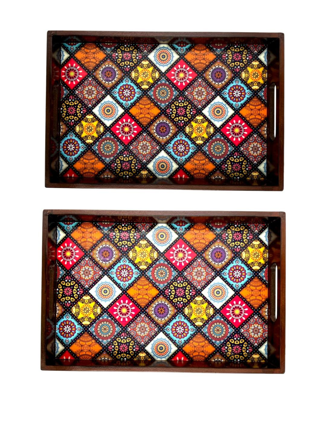 Angira handicrafts Brown Wood 2 Pieces Of Ethic Motifs Printed Serving Tray