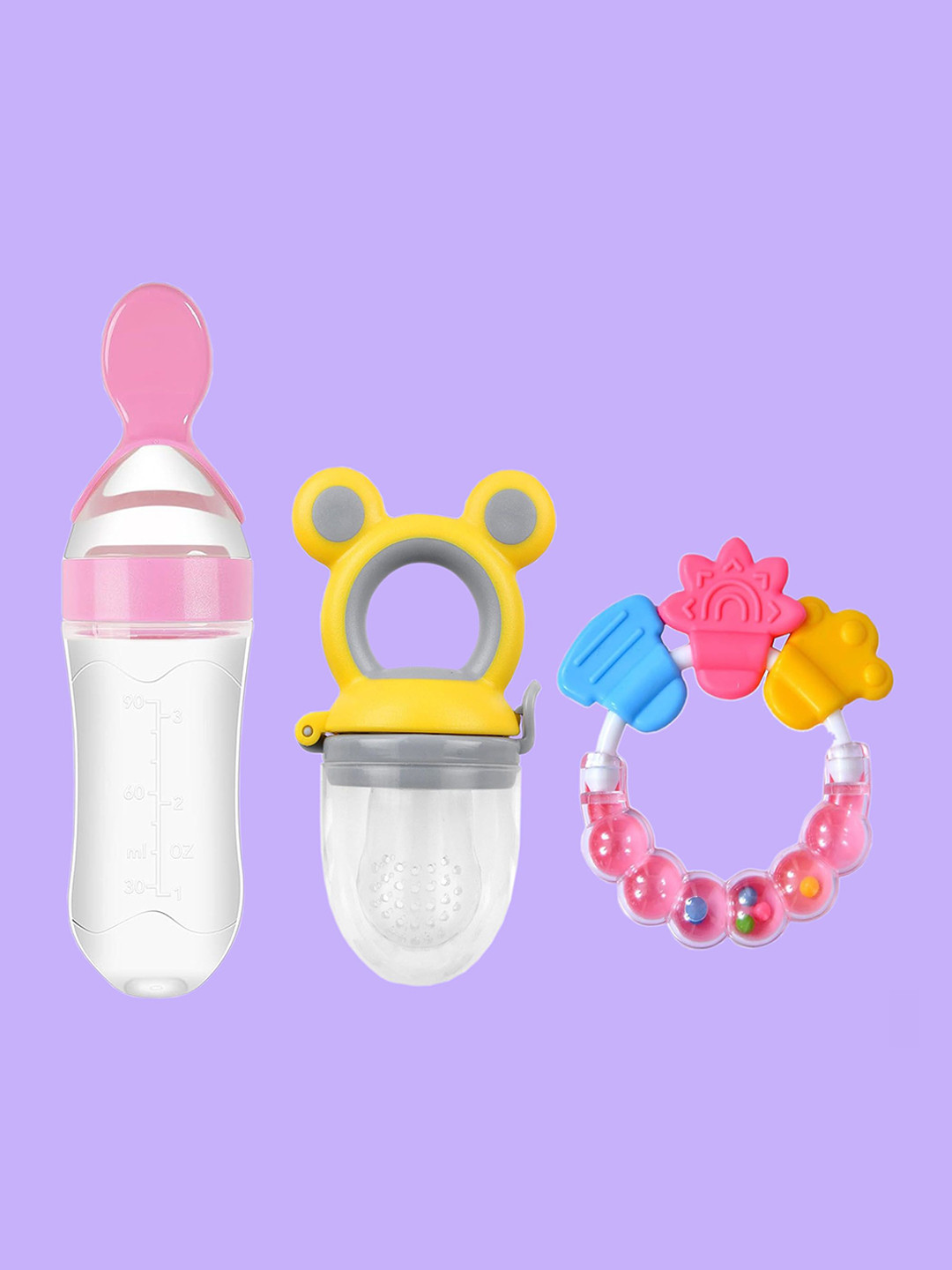 Joy Buzz Kids Set Of 3 Food Feeder Bottle Fruit Nibbler & Rattle Teether - Pink