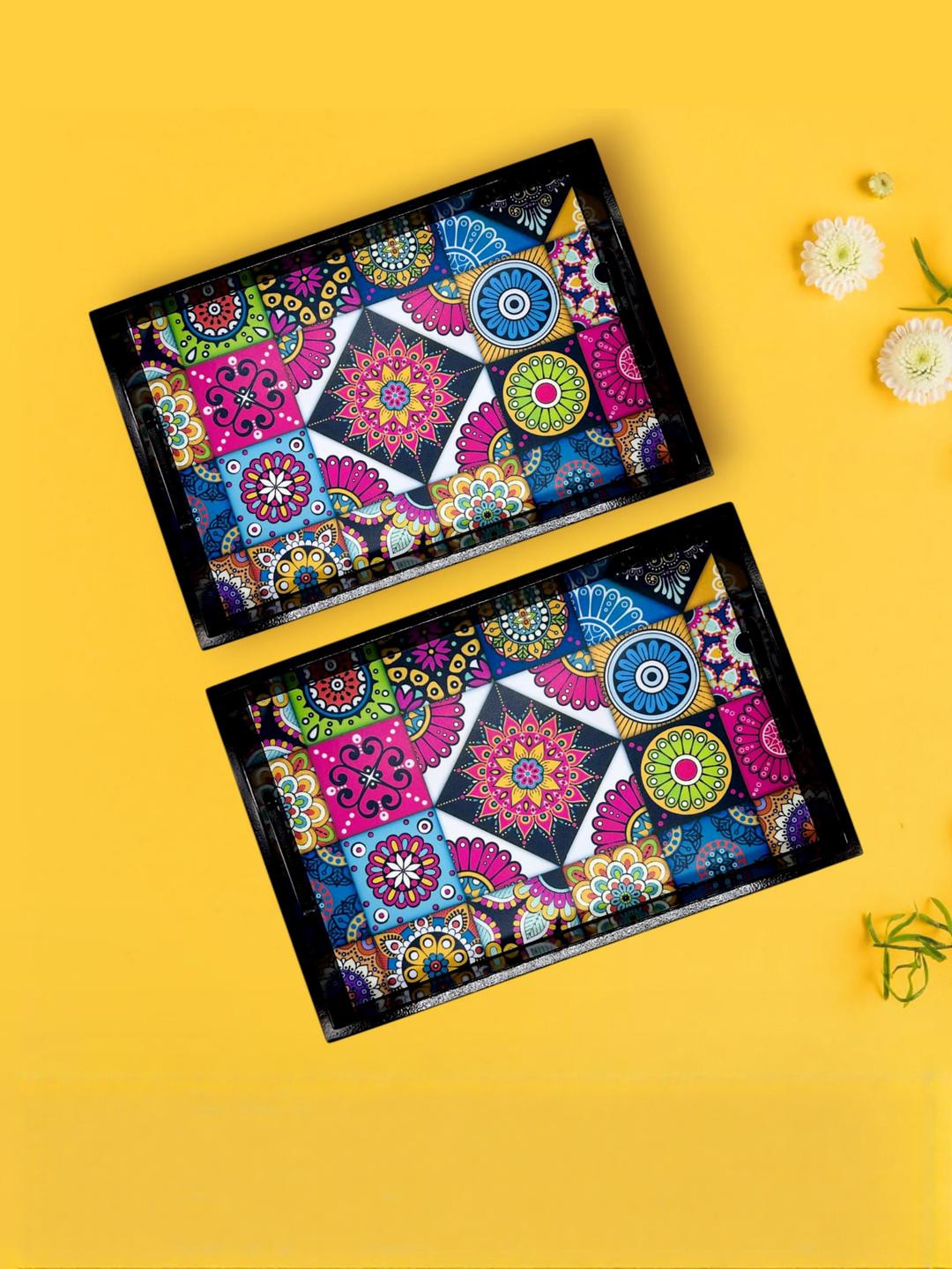 Angira handicrafts Brown & Multi Coloured Wooden 2 Pieces Easy to Clean Serving Trays