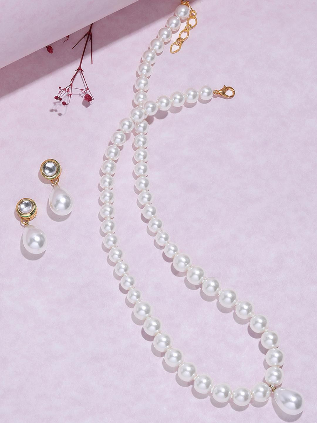 Anouk Women White Pearls Kundan Beaded Single Line Necklace & Earrings