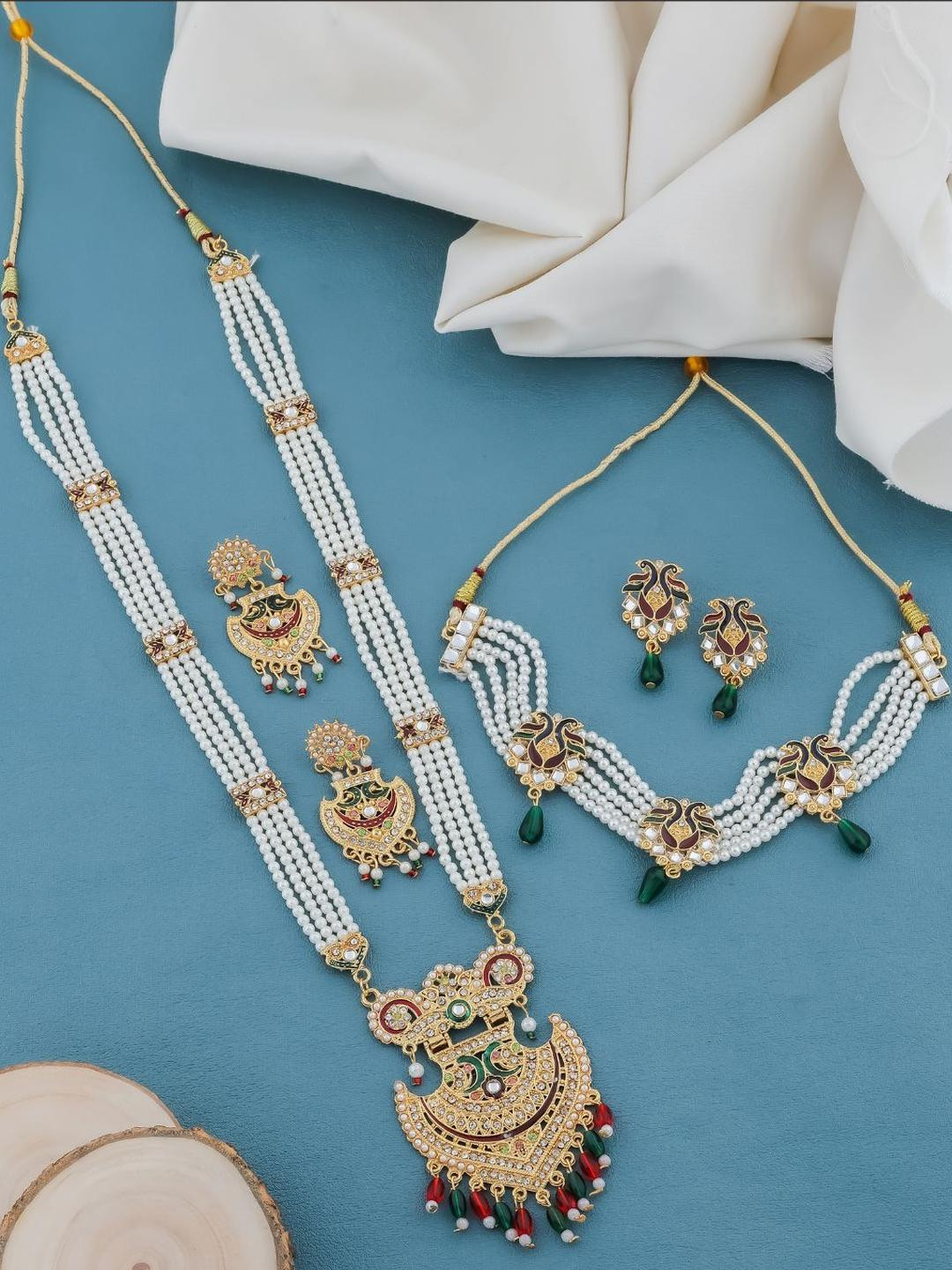 Traditional  Pearl Beaded Gold-Plated Temple Jewellery Set for Women