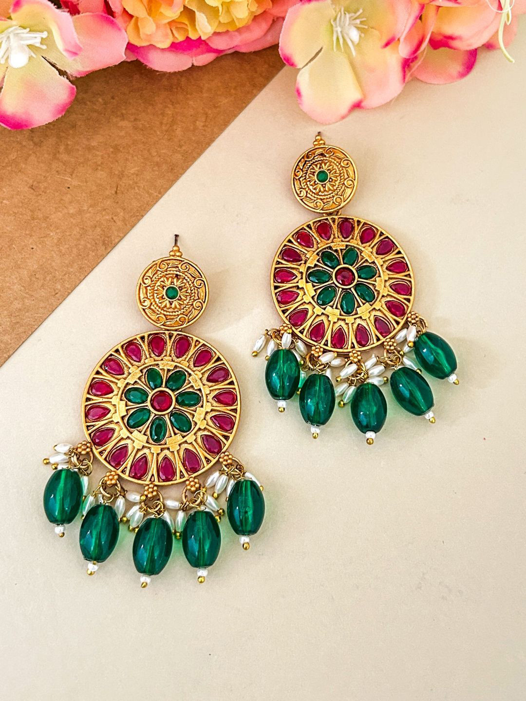 Zeviel Gold-Plated Artificial Stones Studded & Beaded Contemporary Antique Drop Earrings