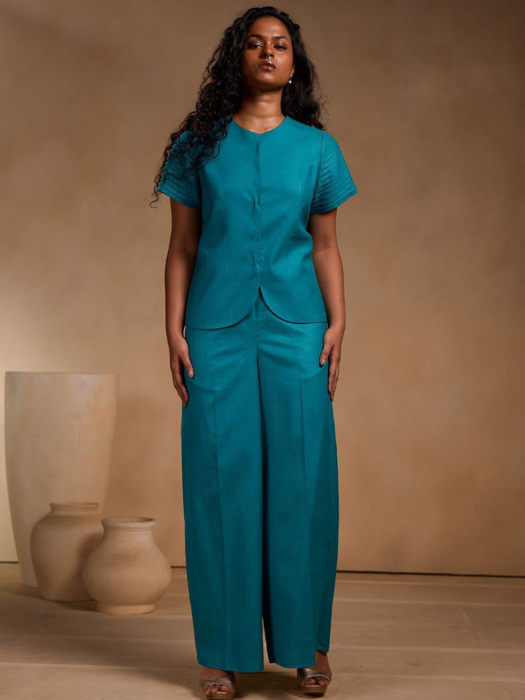 Chhaya Gandhi Design Studio Round Neck Half Sleeves Jacket With Palazzos Co-Ords