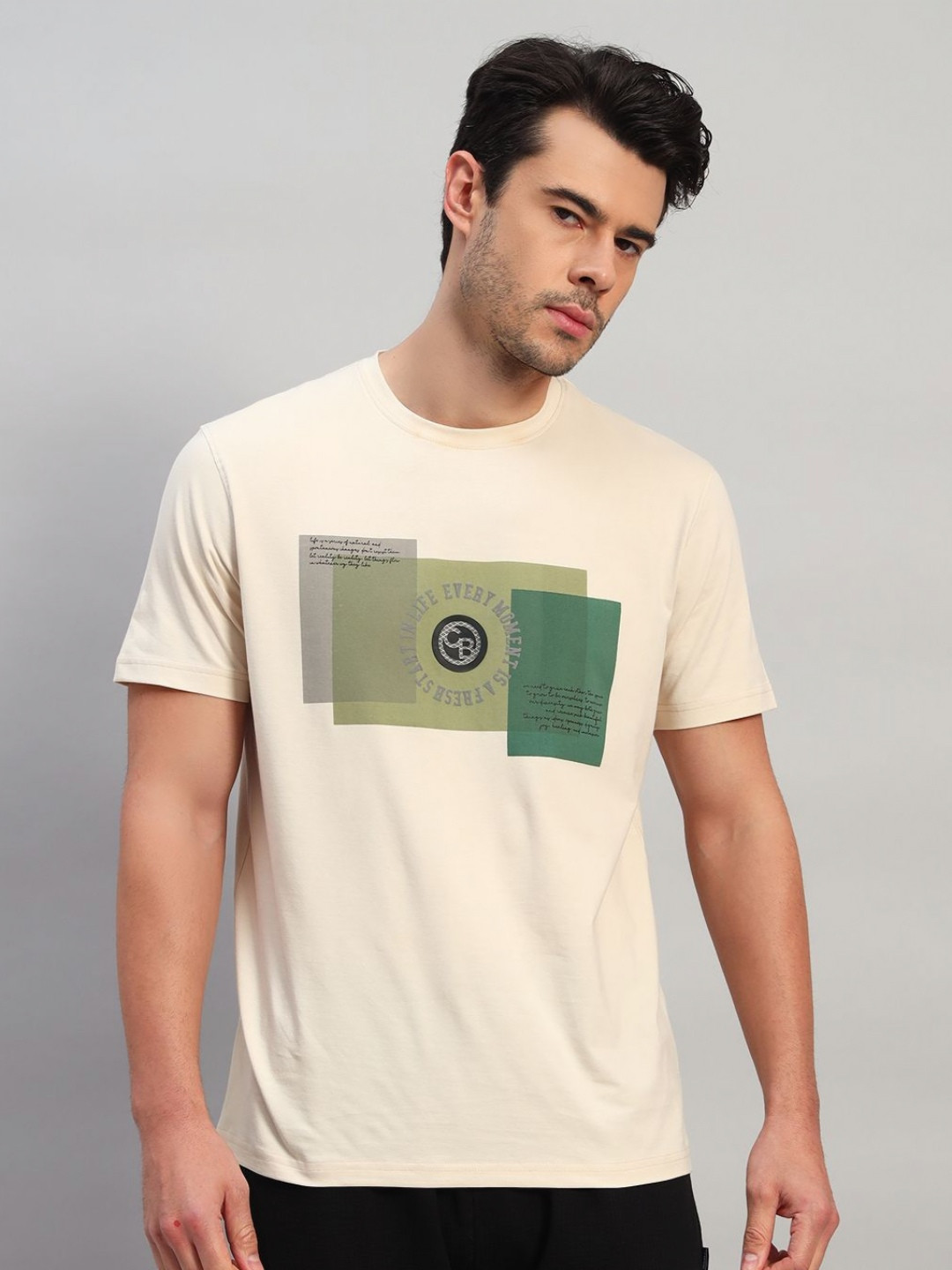 Cantabil Ivory Men Typography Printed Round Neck Cotton T-shirt