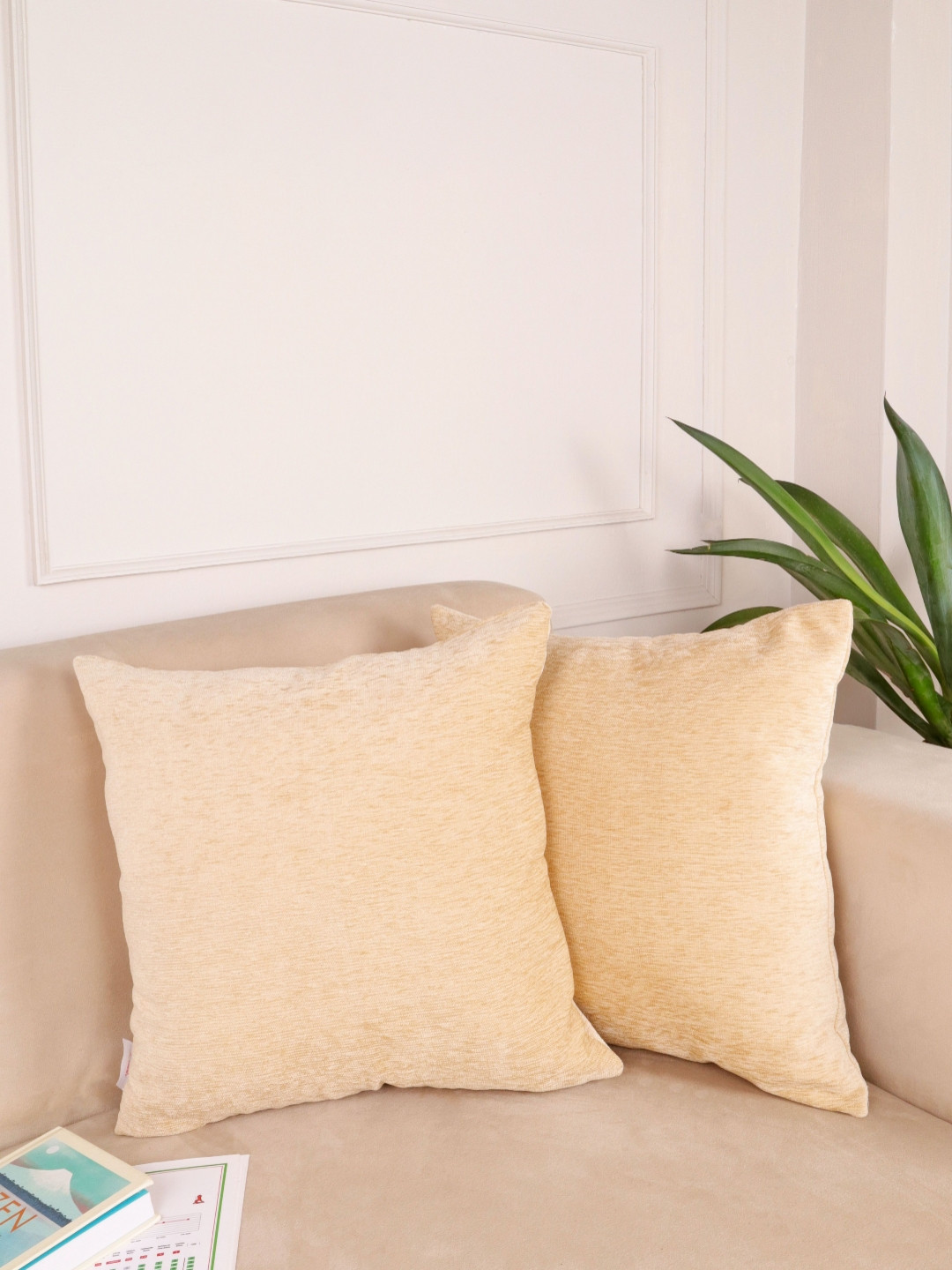 STITCHNEST Set of 2 Beige & White Chenille Cushion Cover
