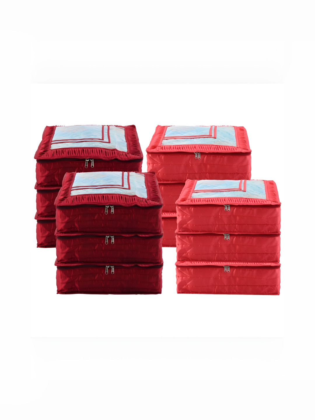 Aura Maroon & Red 12 Pieces Frill Top Window Satin Saree Bag Organisers