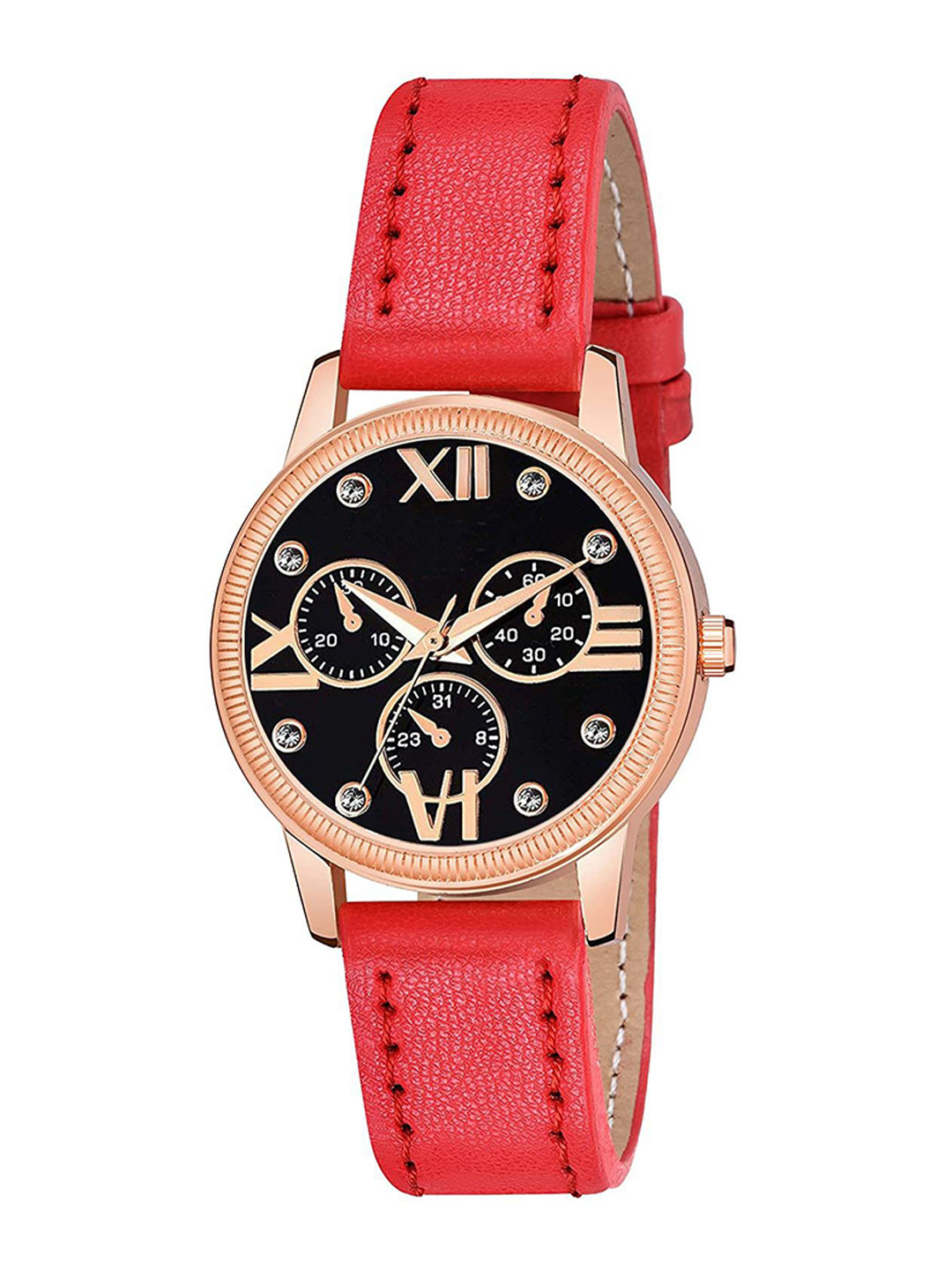 Gopal Shopcart Unisex Patterned Dial & Straps Analogue Watch C25RG_BK Mina RED Leather_F