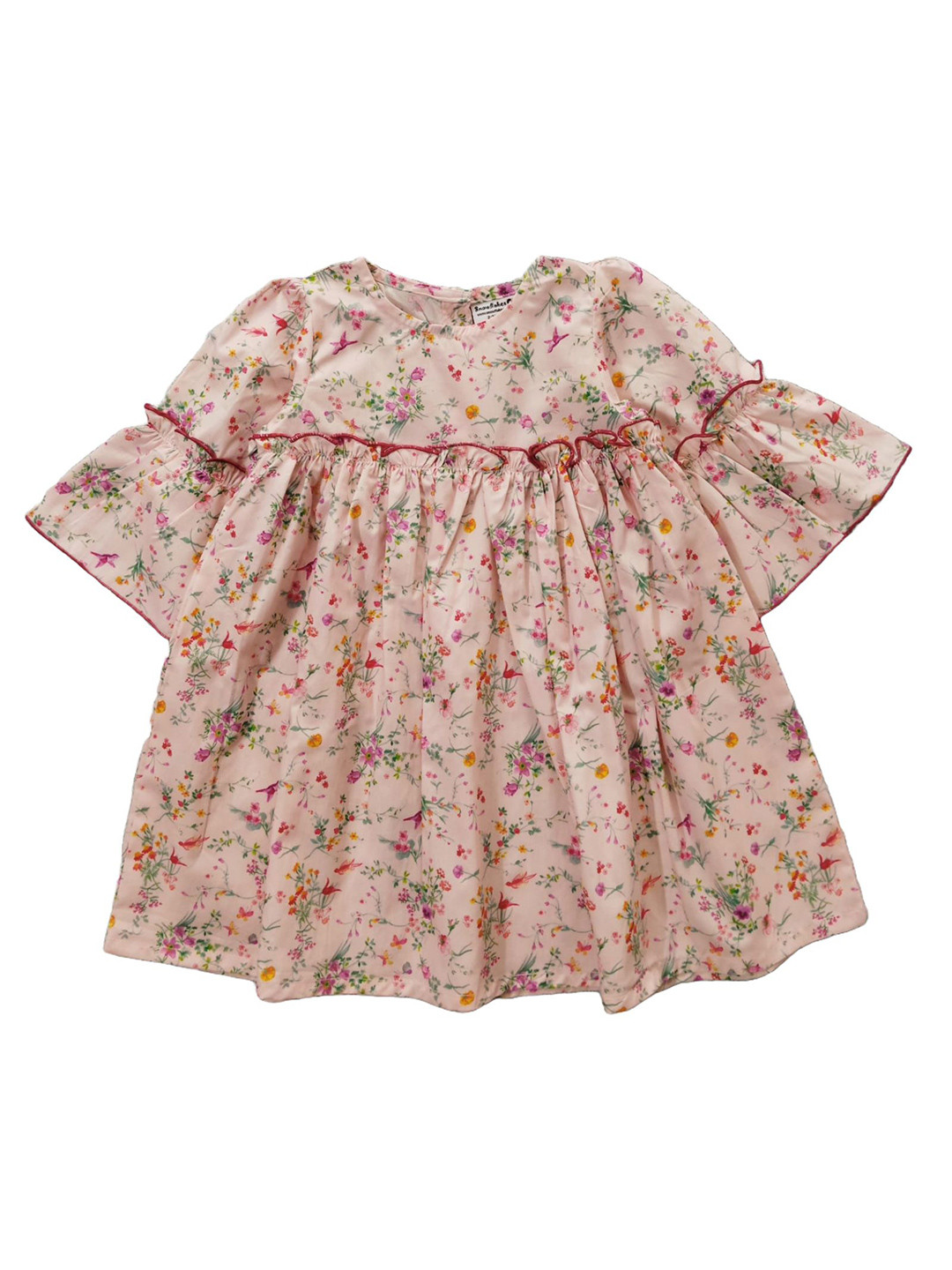 SNOWFLAKES Girls Floral Printed Bell Sleeve  Pure Cotton A-Line Dress