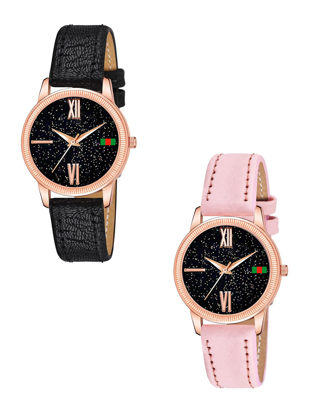 Gopal Shopcart Women Pack of 2 Printed Dial & Straps Analogue Watch C25RG Roman BLK PINK L