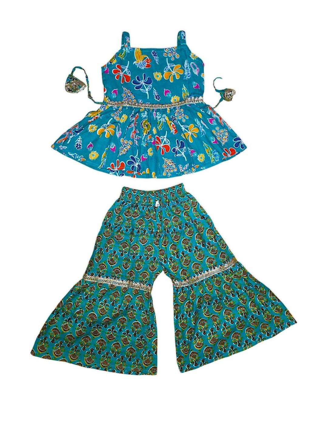 LITTLE DREAMS Girls Green Printed Festive Wear Kurta and Sharara Clothing Set