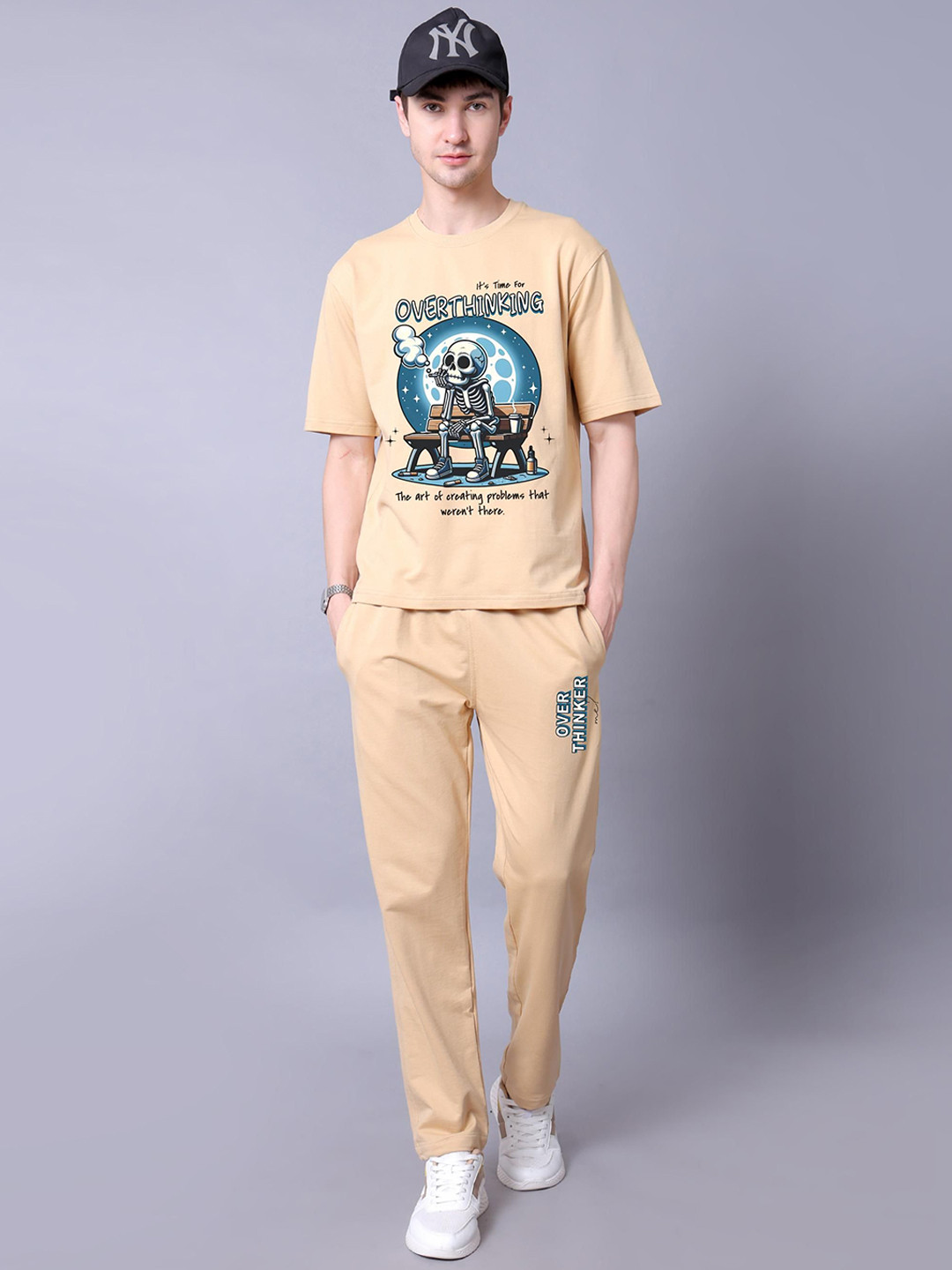 Lazy Lush Overthinker Printed Round Neck Pure Cotton T-Shirt With Joggers Co-Ords