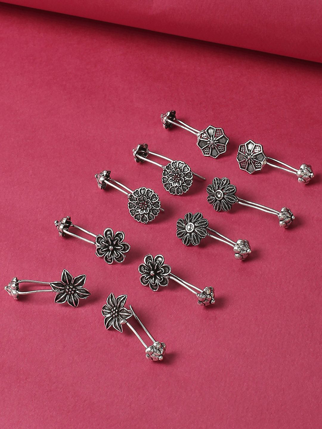 fabula Set of 5 Floral Shaped Oxidised Ear Cuff Earrings