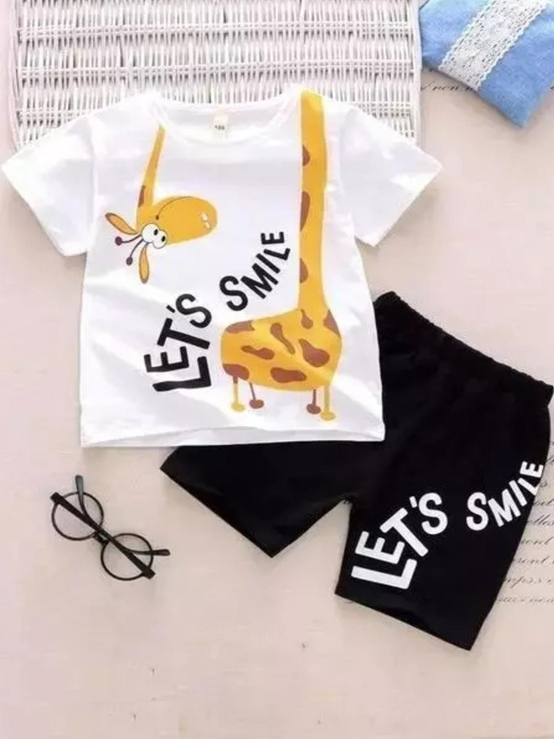CUTEVIBE Kids Printed Cotton White & Black T-shirt & Shorts
