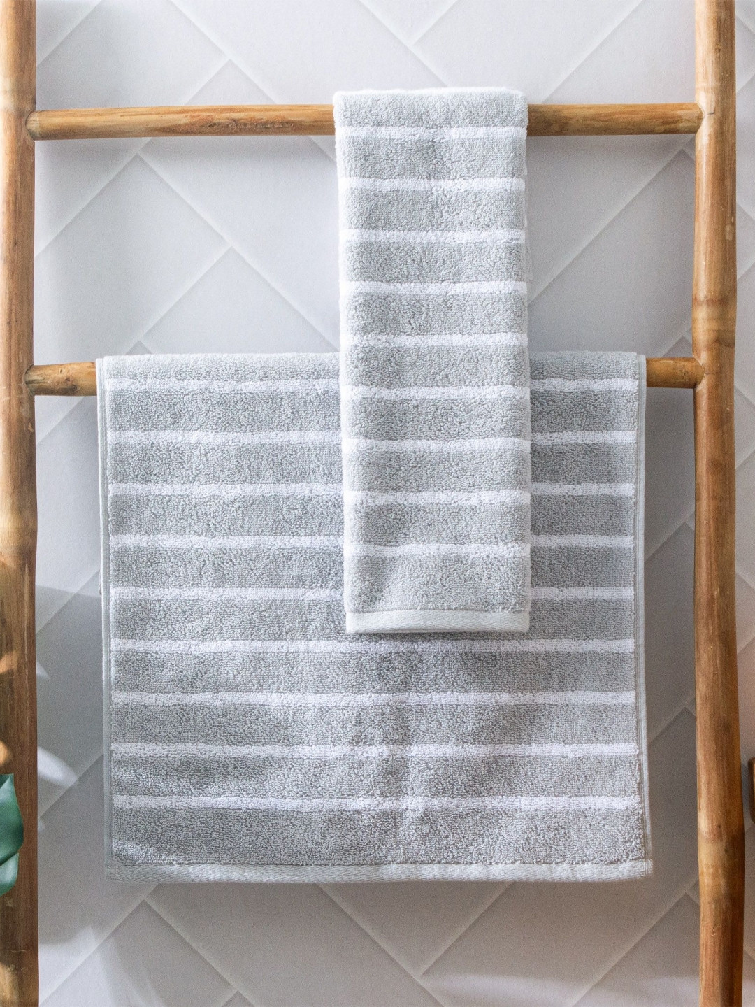 Home Centre Colour Refresh Essense 2Pcs Grey  & White Striped Cotton Soft Hand Towels