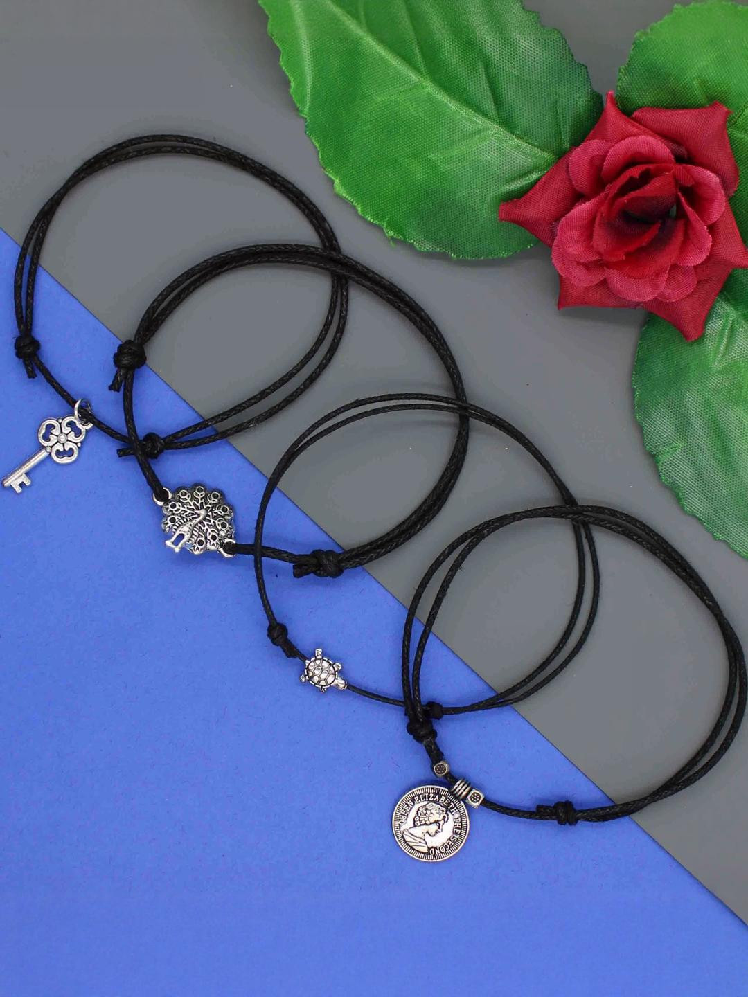 gurjari jewellers Women Alloy Black Thread & Diferent Shapes Silver Beaded 4 Pcs Anklets