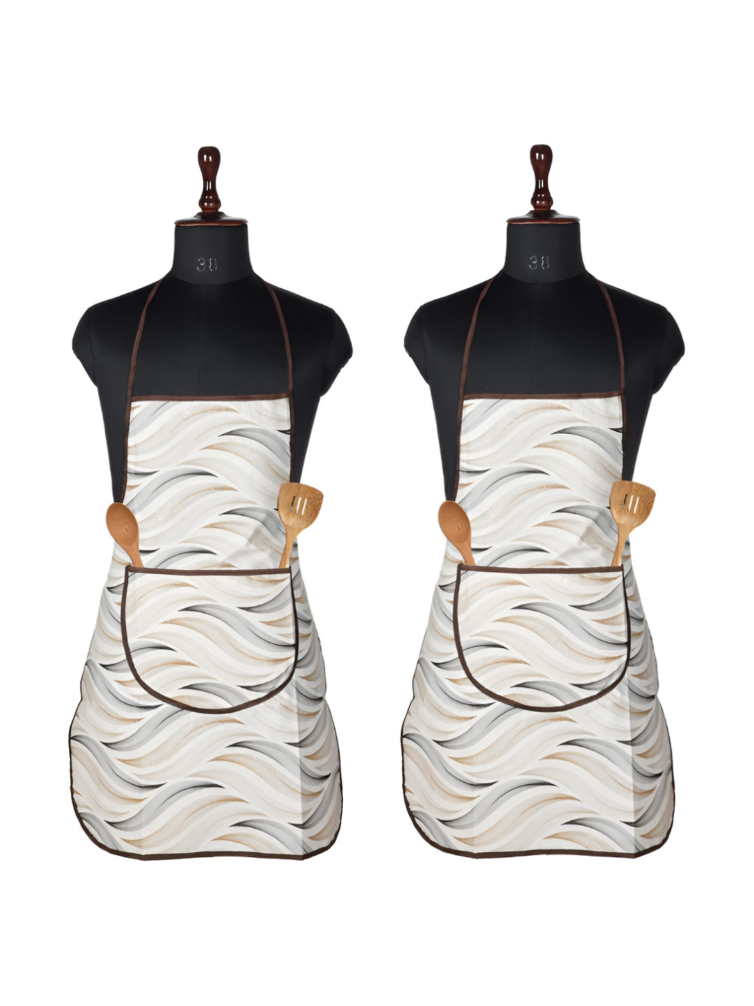 Aura 2Pcs Cream-Colored & Grey Wave-Designed Breathable Cooking Apron With Front Pocket