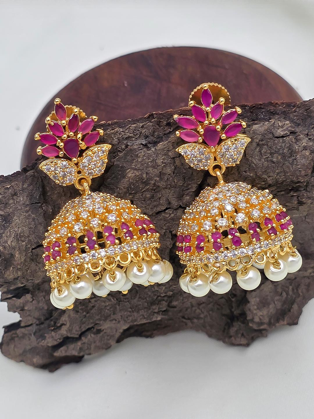 FIRST TOUCH Dome Shaped Gold-Plated Jhumka Earrings with Pink Stones and Pearl Drops