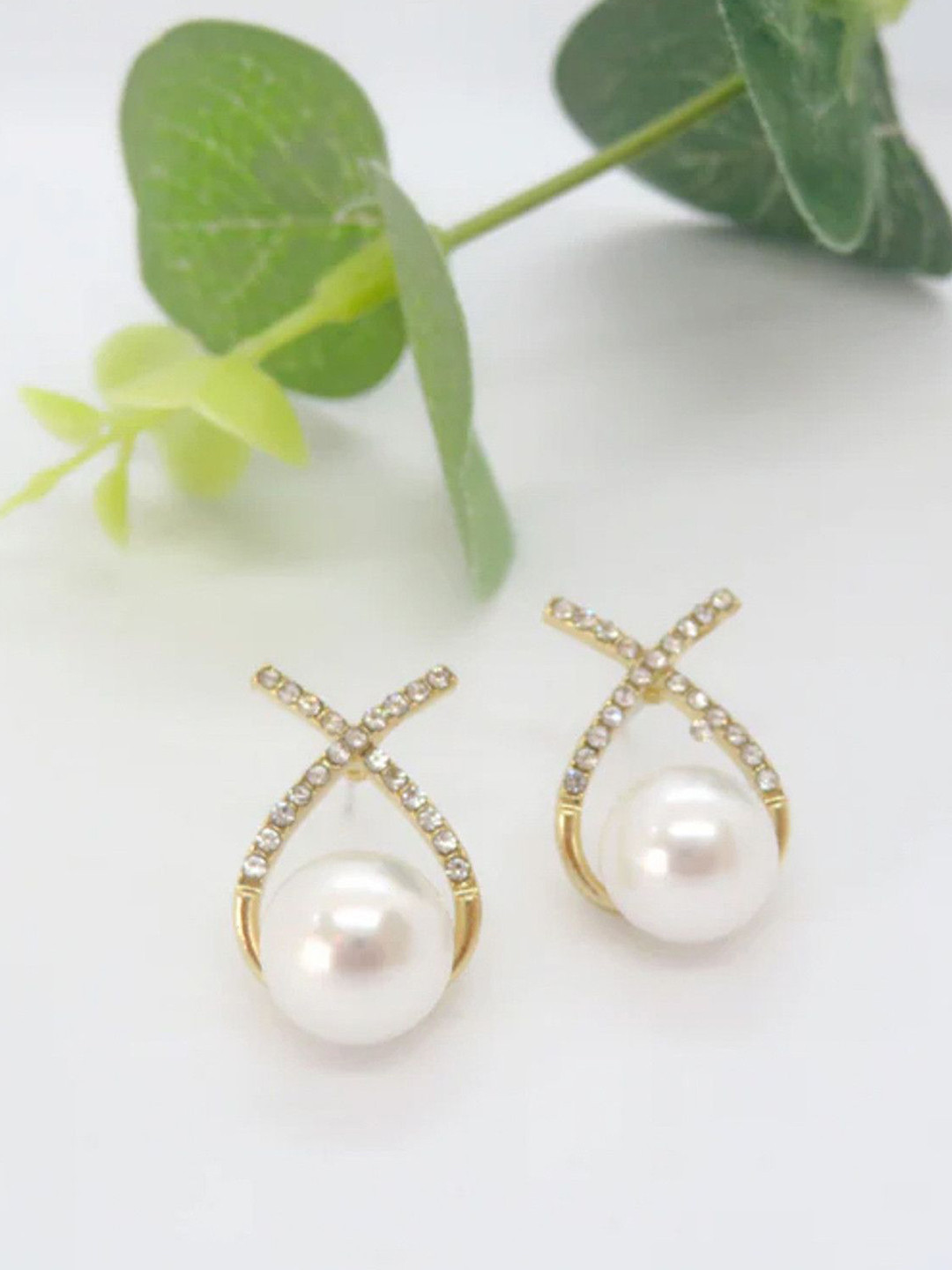 PolluxCraft Gold-Plated Pearls Beaded Cross Shaped Korean Studs