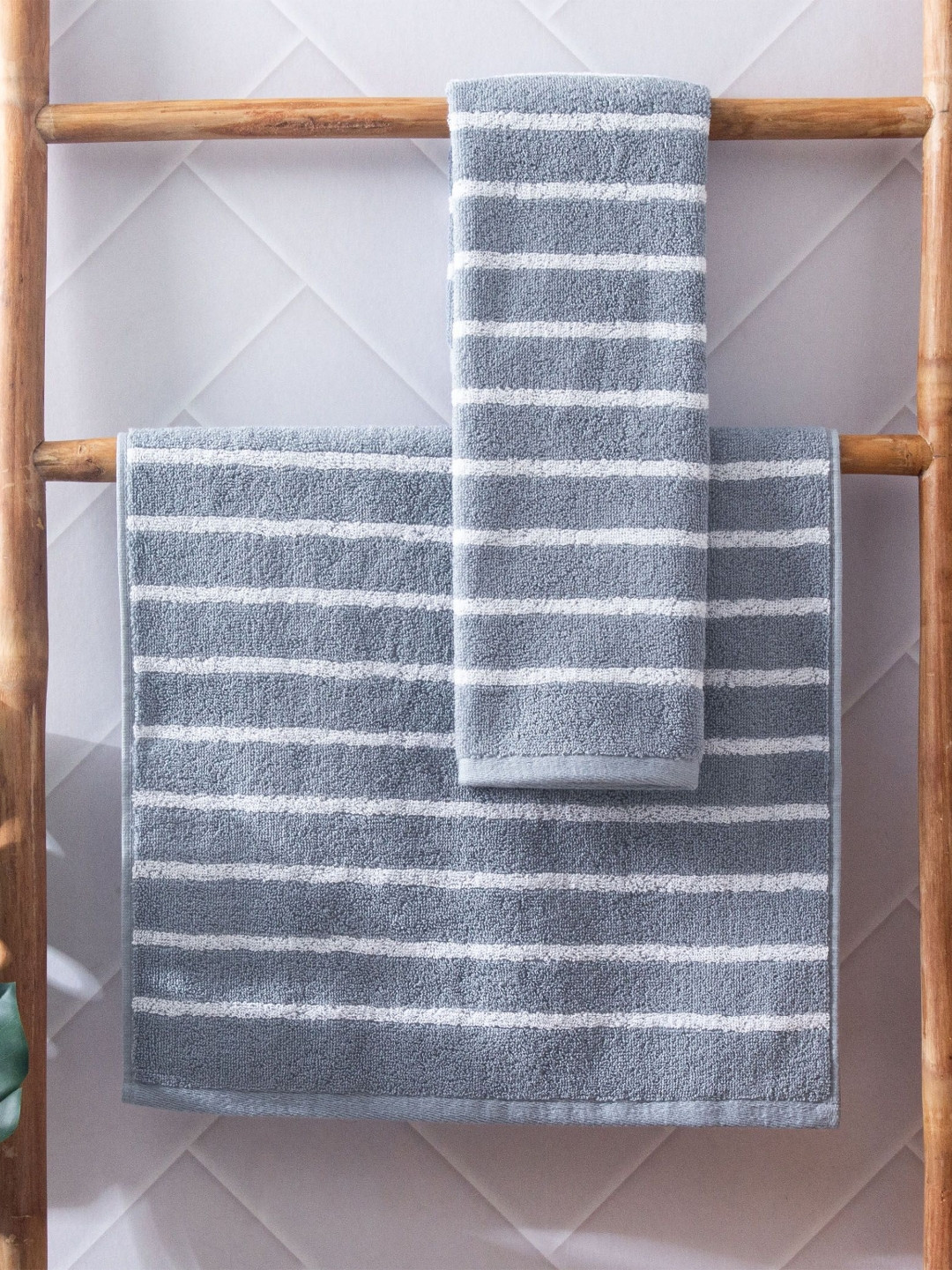 Home Centre Colour Refresh Essense 2Pcs Grey & White Striped Cotton Soft Hand Towels