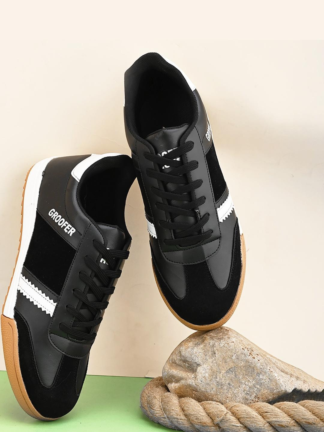 Groofer Men Black & White Lace-Up Rubber Sole Casual Sneakers