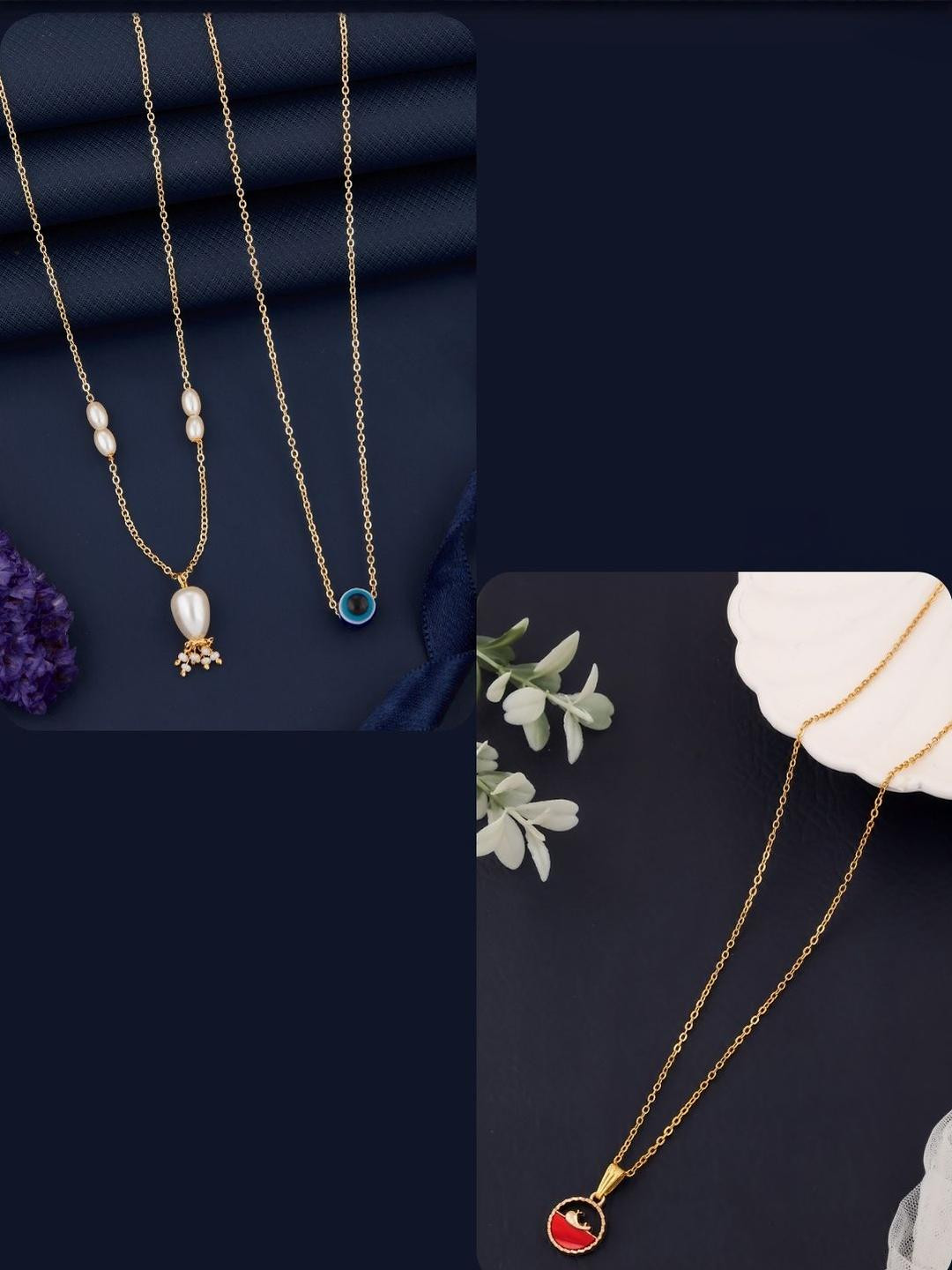 DressBerry Women Set Of 3 Gold-Plated Feather Necklaces
