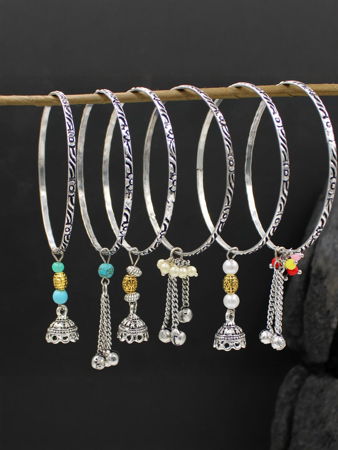 gurjari jewellers Women Set of 6 Silver With Gungru Beads and jumkhi Charm Bangles