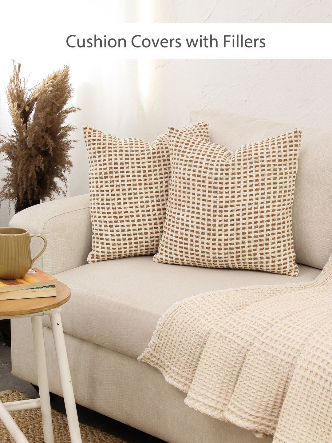 House This Girnar Brown 2 Pieces Checked Cotton Square Cushion Covers With Fillers