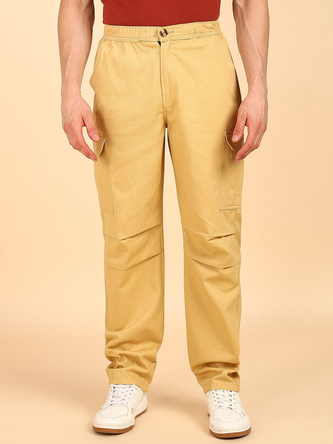 MONTREZ Men Relaxed Fit Khaki Cargos Trousers