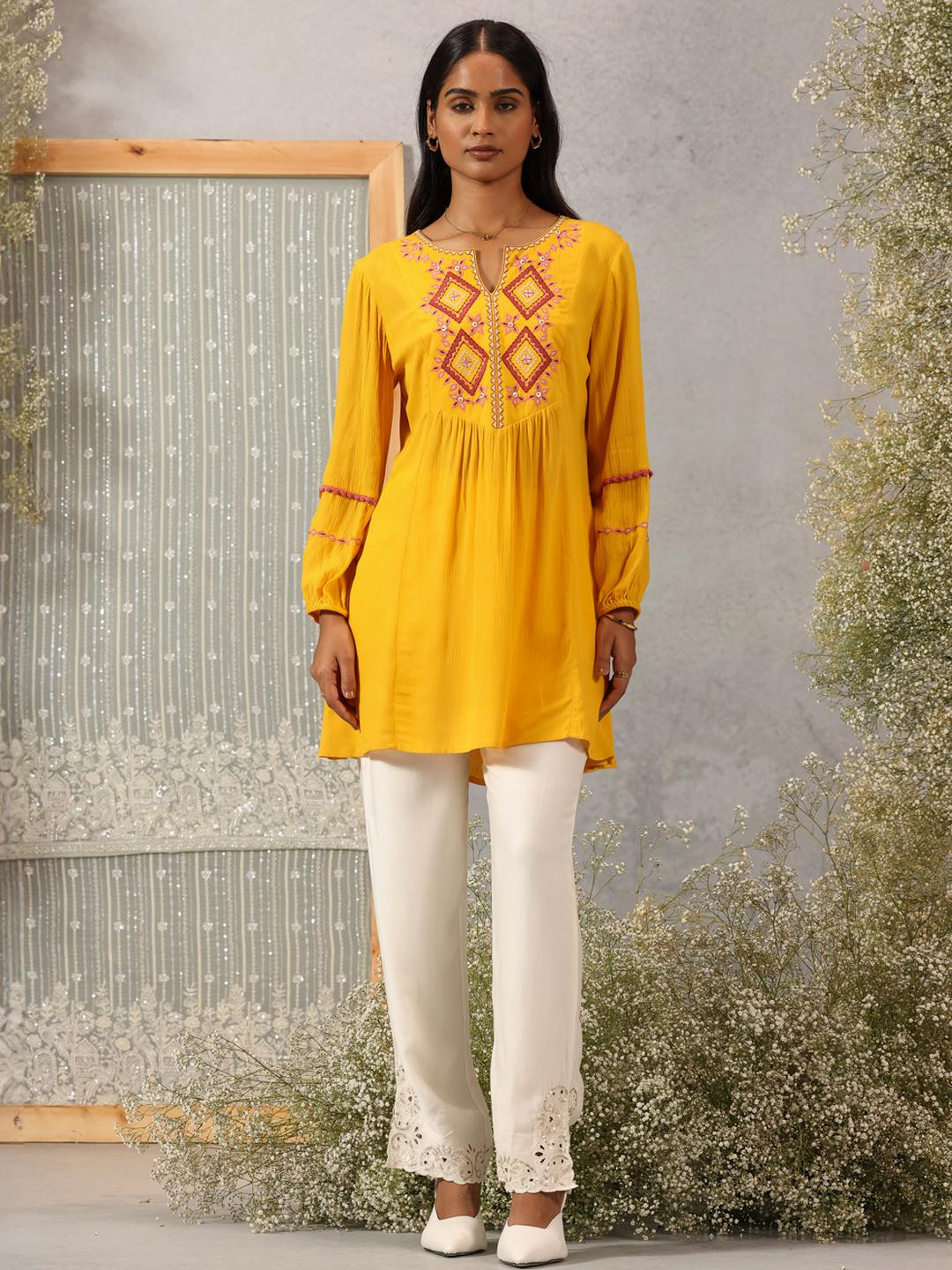 Lakshita Embroidered Crinkled Floral Puff Sleeves Top